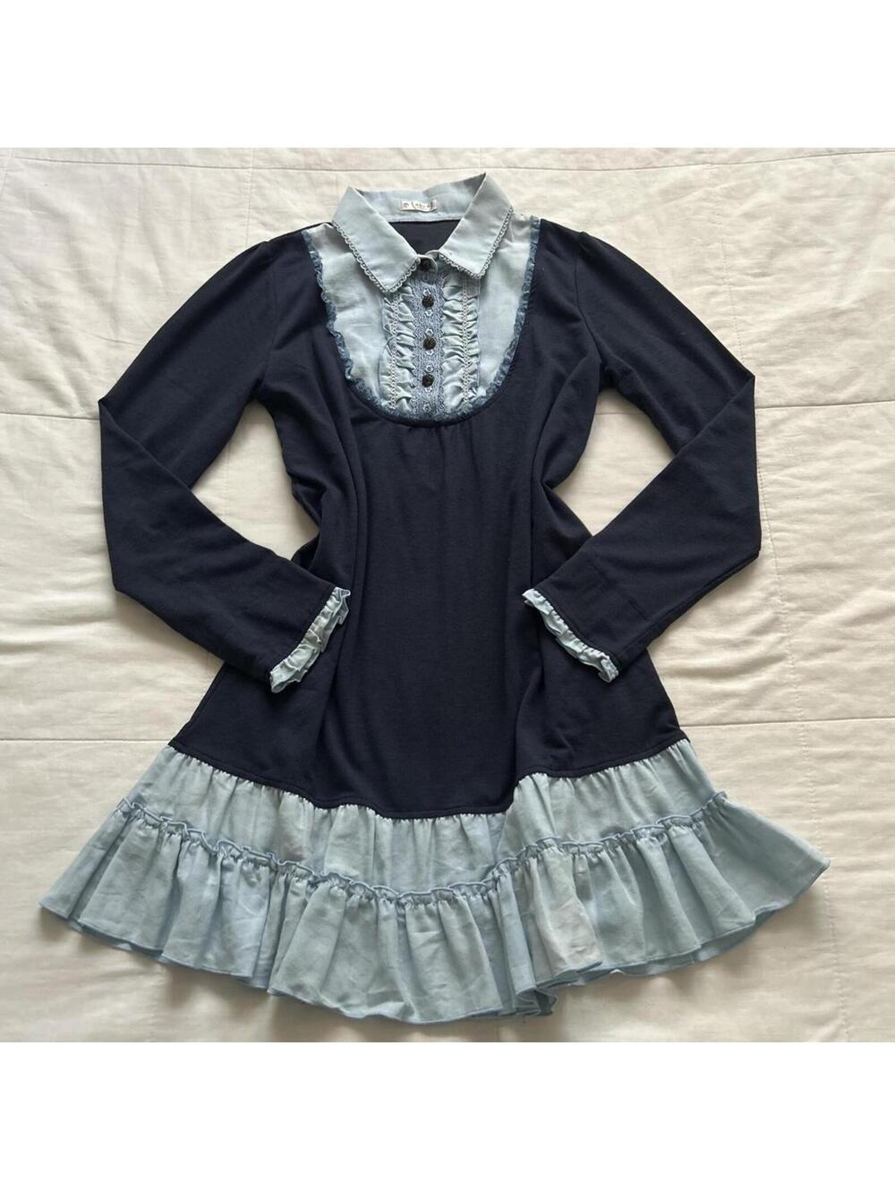 Axes Femme Navy Blue Baby Blue Ruffled Bib Button Up Blouse Medium